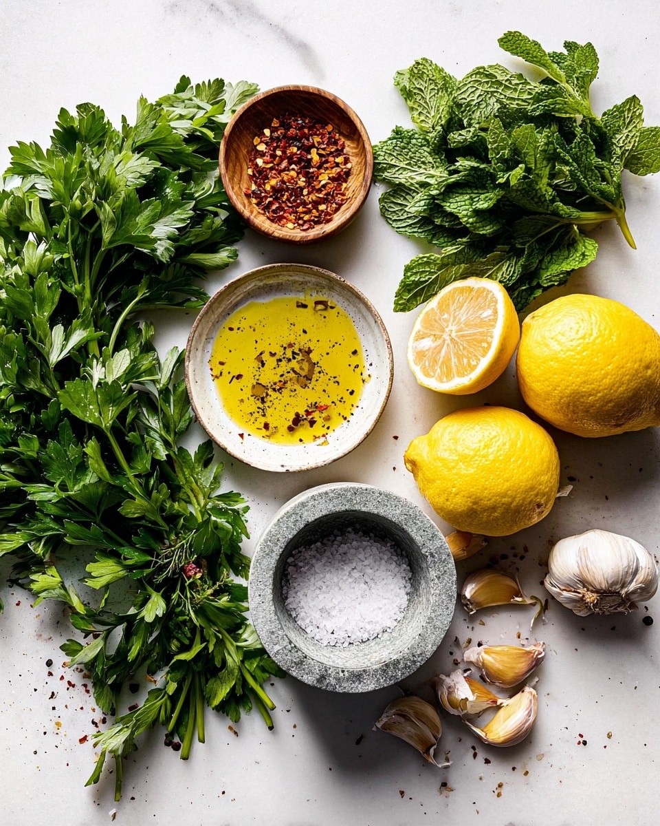 The image shows a white marbled surface with fresh green parsley leaves spread on the left side and a bunch of green mint leaves placed on the right side next to two bright yellow lemons, one whole and one sliced in half showing seeds inside. Above the parsley, there is a small wooden bowl filled with red chili flakes and next to it is a rustic white bowl filled with golden olive oil sprinkled with black pepper. Below these bowls, a gray stone mortar with coarse white salt is placed. To the right of the mortar, there are several garlic cloves, some loose and some still in the bulb. The overall colors are fresh greens, bright yellows, golden and white with natural textures arranged neatly. Photo taken with an iphone --ar 4:5 --v 7