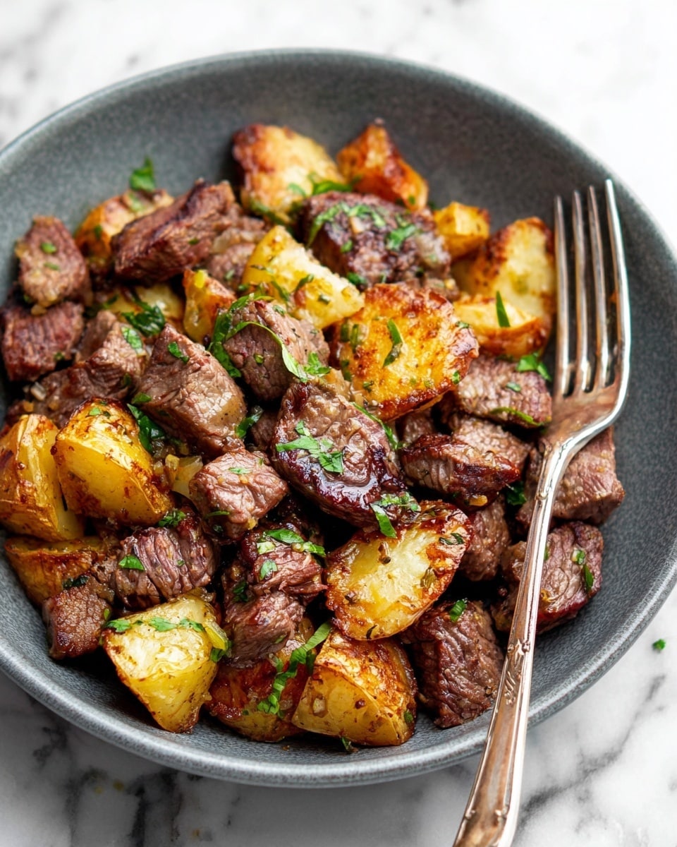 A gray bowl filled with chunks of browned, cooked beef mixed with roasted golden-brown potato pieces. The beef is medium cooked with a slightly pink inside, and the potatoes have a crispy texture with a golden crust. The dish is sprinkled with small bits of fresh green herbs on top. A silver fork rests on the right side of the bowl, and the background is a white marbled surface. photo taken with an iphone --ar 4:5 --v 7