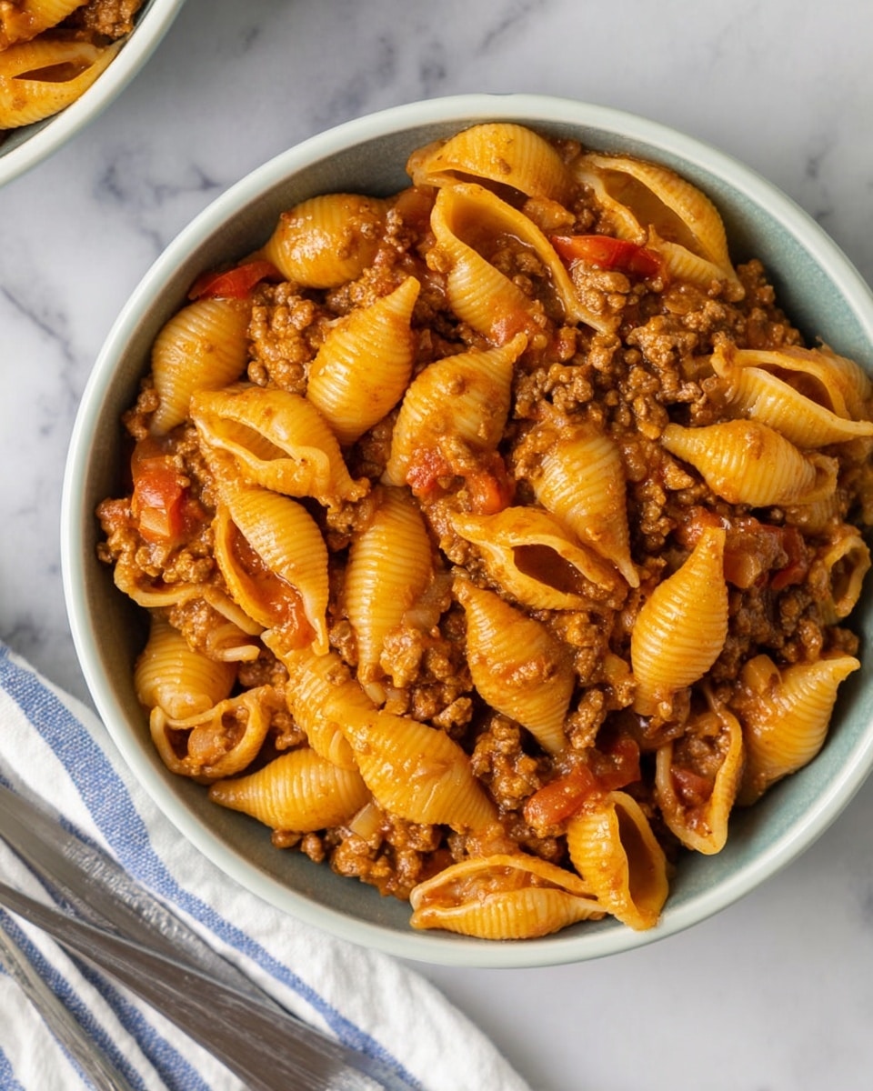 The image shows a close-up of a white bowl filled with shell pasta mixed with a rich brown sauce that has visible small pieces of cooked ground meat and tiny chunks of red bell pepper. The shells are coated evenly with the sauce and have a smooth, slightly shiny texture. The bowl sits on a white marbled surface, and in the corner, there is part of a fork and a white and blue striped cloth. The colors are warm with orange and brown tones dominating the dish, making it look savory and hearty. photo taken with an iphone --ar 4:5 --v 7