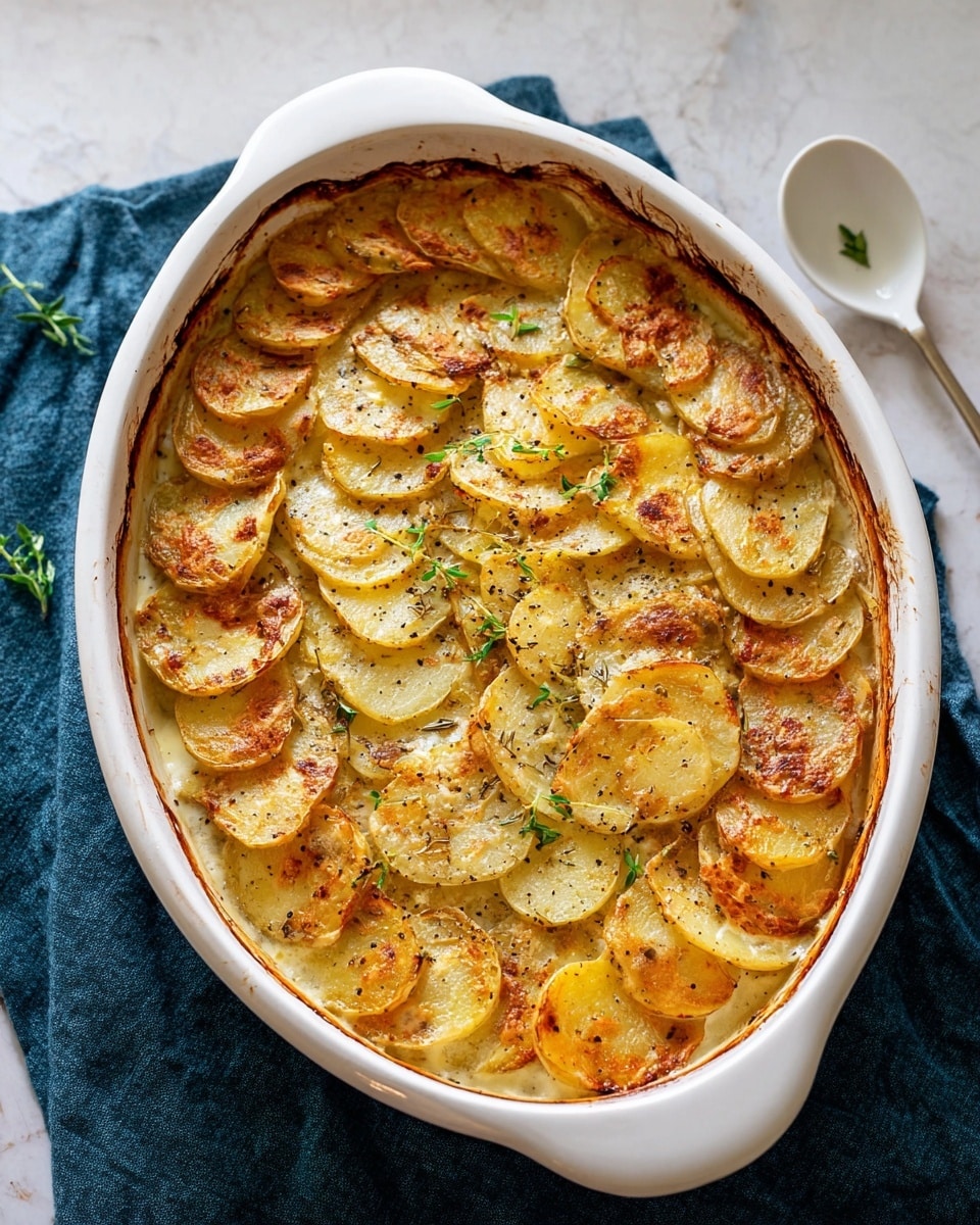 A white oval baking dish filled with multiple layers of thin, golden-brown potato slices arranged in a circular pattern from the edge to the center, with the top layer showing a nicely browned and slightly crispy texture. The potato slices are seasoned with ground black pepper and small green herb leaves scattered on top. The creamy sauce can be seen bubbling gently between the layers near the edges. The dish rests on a dark blue cloth over a white marbled surface. A white spoon lies above the baking dish photo taken with an iphone --ar 4:5 --v 7