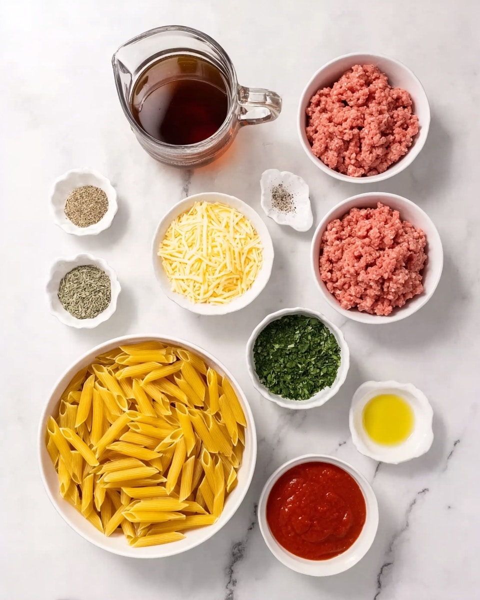 The image shows nine dishes with different ingredients on a white marbled surface. There is a clear glass pitcher filled with a dark brown liquid on the left. Next to it is a white bowl filled with light yellow grated cheese. Below this bowl is a large white bowl filled with uncooked yellow penne pasta. To the right of the pasta bowl is a small white bowl with green chopped herbs. Above this herb bowl is another white bowl filled with raw ground meat that is pinkish red in color. To the right of the herb bowl, there are three small white bowls arranged vertically; the top one has a mix of white salt and black pepper, the middle one contains a light yellow liquid (oil), and the bottom one has red tomato sauce. At the bottom left of the tomato sauce is a small white bowl with dried green herbs. The entire setup is neat and well-organized, with all dishes on a clean white marbled surface. Photo taken with an iphone --ar 4:5 --v 7