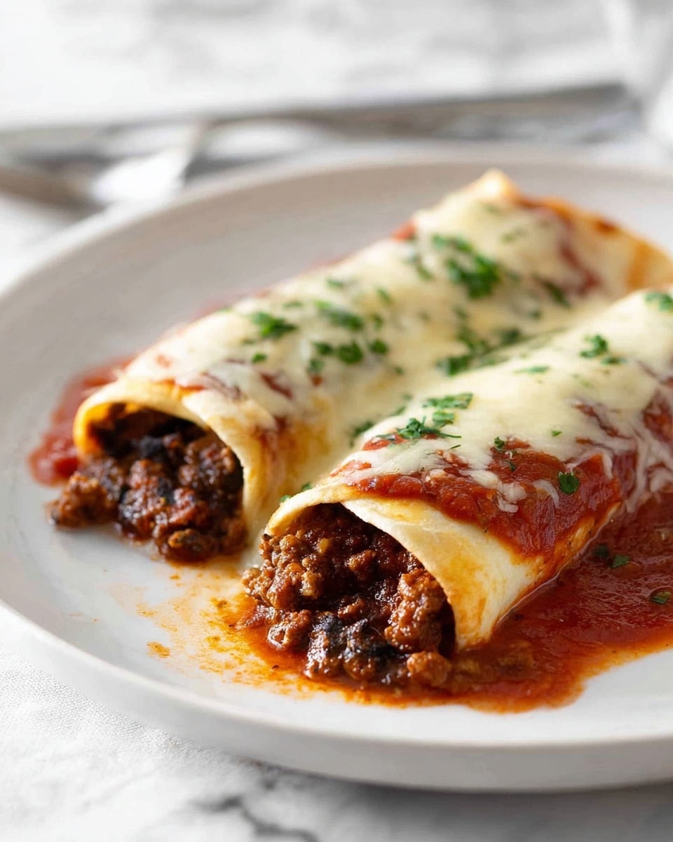 Two rolled tortillas lie side by side on a white plate, each filled with a rich, dark ground meat mixture that spills slightly onto the plate. The tortillas are covered in a smooth, red tomato sauce and topped with melted white cheese, which creates a soft, creamy layer. Small green herb pieces are sprinkled evenly on top, adding bright color contrast. The plate rests on a white marbled surface, and a blurred silver fork is visible in the background. photo taken with an iphone --ar 4:5 --v 7