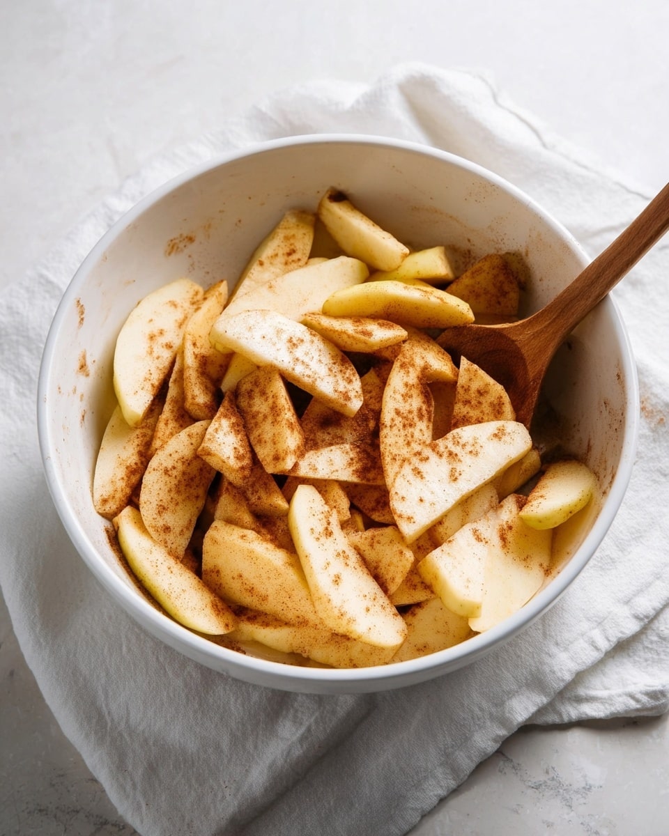 A white bowl filled with sliced apples tossed in cinnamon. The apple slices are pale yellow with a soft dusting of brown cinnamon powder scattered evenly on top. The pieces are layered loosely and piled up inside the bowl. A wooden spoon rests inside the bowl, angled slightly upward. The bowl is placed on a white cloth over a white marbled surface. photo taken with an iphone --ar 4:5 --v 7