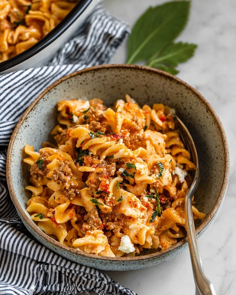 A close-up view of a bowl filled with a layered pasta dish featuring twisted noodles mixed with crumbled cooked meat and creamy cheese, all baked until golden with brown spots. The pasta is coated with a light orange sauce flecked with green herbs, and small white cheese bits are visible throughout. The bowl is speckled in gray tones with a darker rim and contains a silver fork partially inserted into the pasta. A striped cloth is draped beside the bowl, and a green herb leaf rests nearby on a white marbled surface. Photo taken with an iphone --ar 4:5 --v 7