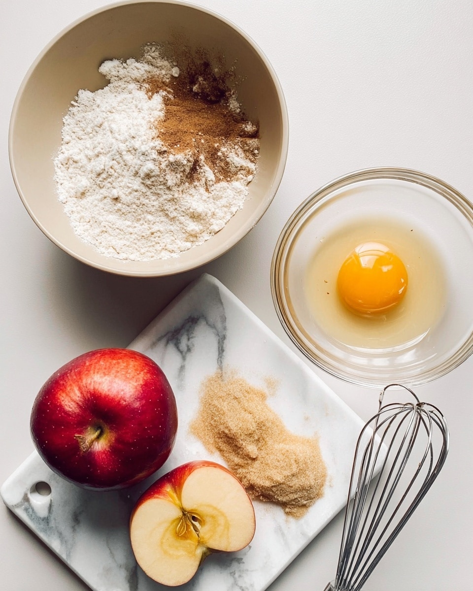 The image shows three main elements placed on a white marbled surface: on the top left, a beige bowl filled with white flour and some brown spices in the middle layer; on the right, a clear glass bowl containing one raw egg yolk (bright yellow) next to a pile of light brown sugar and a dollop of light beige wet mixture, with a metal whisk resting inside; and on the bottom left, a white speckled board holding a whole shiny red apple and two apple wedges with light yellow flesh facing up. Photo taken with an iphone --ar 4:5 --v 7