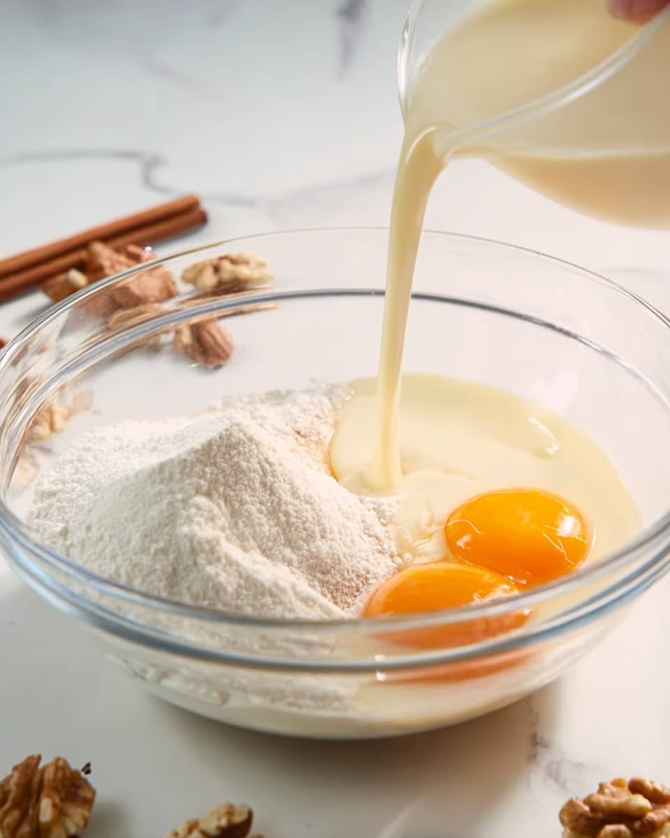 A clear glass bowl sits on a white marbled surface, containing three visible layers of ingredients. On the left, there is a mound of white sugar granules next to a pile of white flour powder. To the right, two raw eggs with bright orange yolks are visible. A pale cream liquid is being poured into the bowl from above, creating a contrast with the solid ingredients below. In the background, a woman's hand is seen holding the bowl lightly, with a cinnamon stick and some walnut pieces on the marbled surface nearby. Photo taken with an iphone --ar 4:5 --v 7