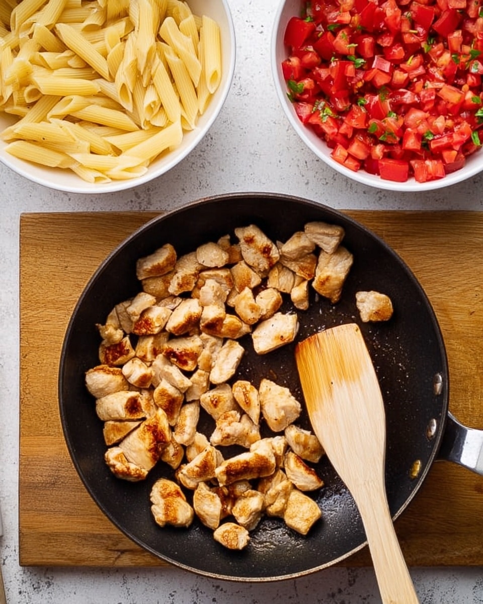 The image shows a black frying pan on a wooden board with many small, light golden brown pieces of cooked chicken inside. A wooden spatula with a light brown color rests in the pan, touching some of the chicken pieces. On the left side of the wooden board is a white bowl filled with cooked penne pasta, pale yellow in color. On the right side is another white bowl filled with bright red chopped tomatoes mixed with small green herbs. The background surface is a white marbled texture. photo taken with an iphone --ar 4:5 --v 7