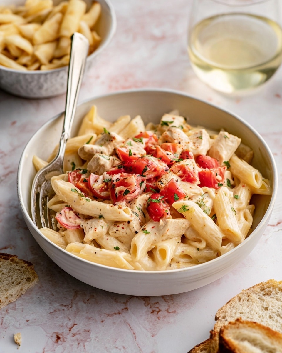 A white bowl filled with penne pasta in a creamy light beige sauce, topped with small red cherry tomato pieces and specks of green herbs. The pasta looks soft and coated well with the sauce, with pinkish chunks of chicken mixed in. A silver spoon and fork rest inside the bowl on the left side. In the background, there is a white bowl with crunchy light beige chips, a glass of white wine, and a piece of crusty bread in the bottom right corner, all placed on a white marbled surface. Photo taken with an iphone --ar 4:5 --v 7