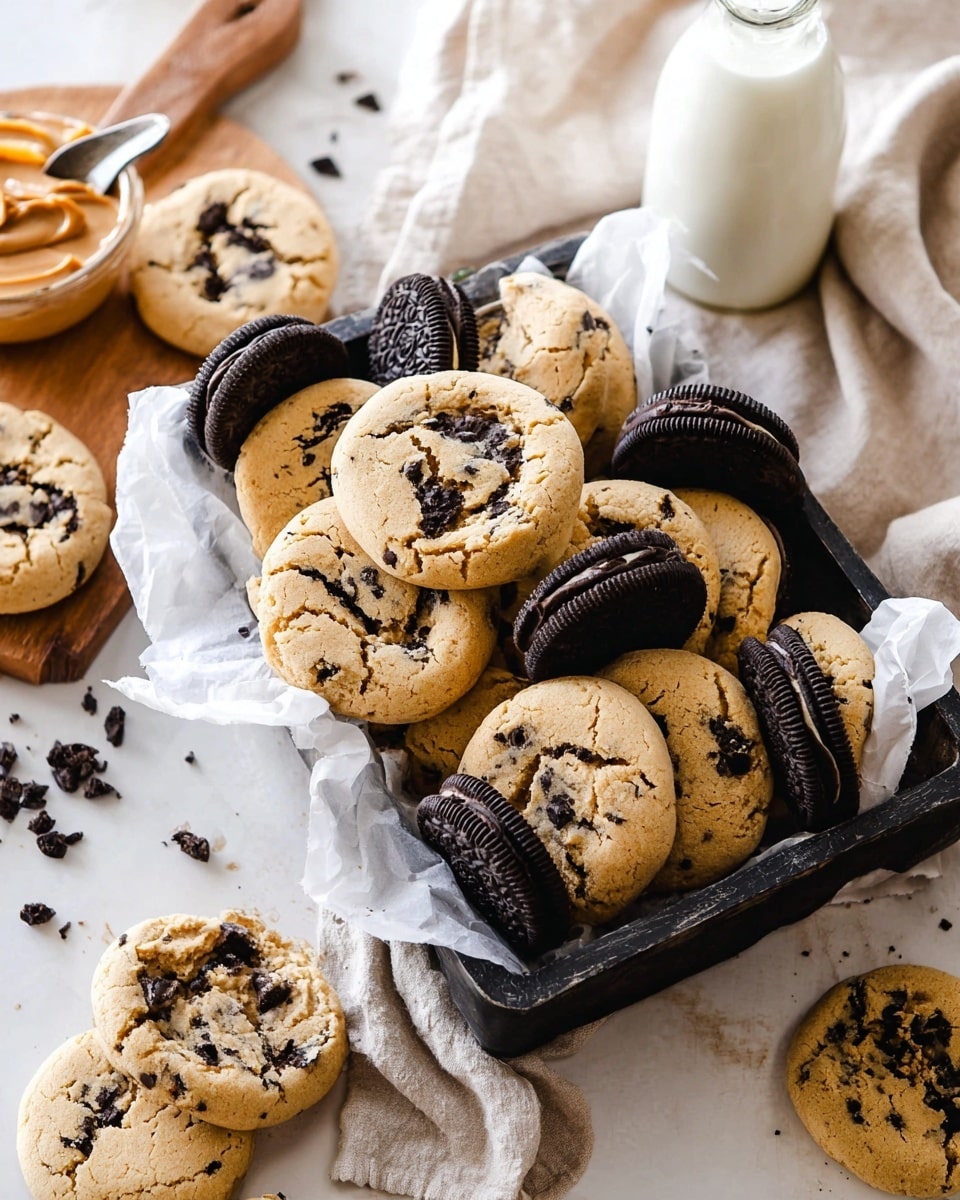 A black basket lined with white paper is filled with about two layers of light golden cookies that have cracks and visible chunks of dark chocolate and pieces of dark sandwich cookies. Some whole dark sandwich cookies are placed between the cookies inside the basket. Around the basket, there are a few more cookies on a white marbled surface. On the left side, there is a wooden board holding a silver spoon with light brown peanut butter and a white bottle of milk near a beige cloth. photo taken with an iphone --ar 4:5 --v 7