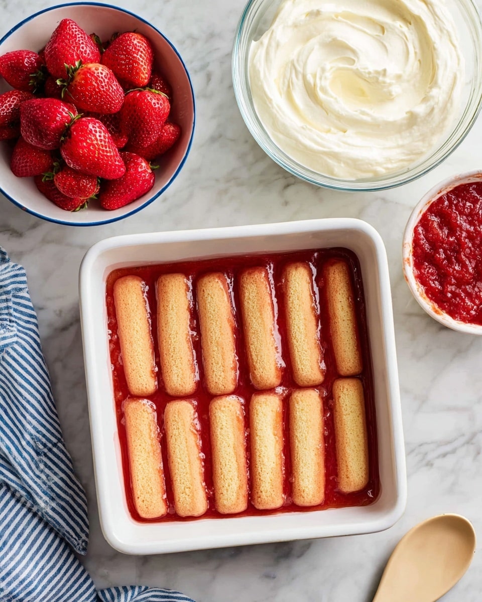 A white square baking dish holds one layer of ladyfinger biscuits soaked in a red syrup, neatly placed side by side in two rows. To the top left, a white bowl with a thin blue rim is filled with fresh, halved strawberries showing their bright red inside and seeds. Above the dish to the right, a small white bowl with a blue rim contains a thick red strawberry sauce with a chunky texture. Next to it, a large clear glass bowl is filled with smooth, creamy white whipped mixture with soft swirls on top. The scene is set on a white marbled surface with a blue-striped cloth partially visible in the bottom left corner and a beige spoon in the bottom right. photo taken with an iphone --ar 4:5 --v 7