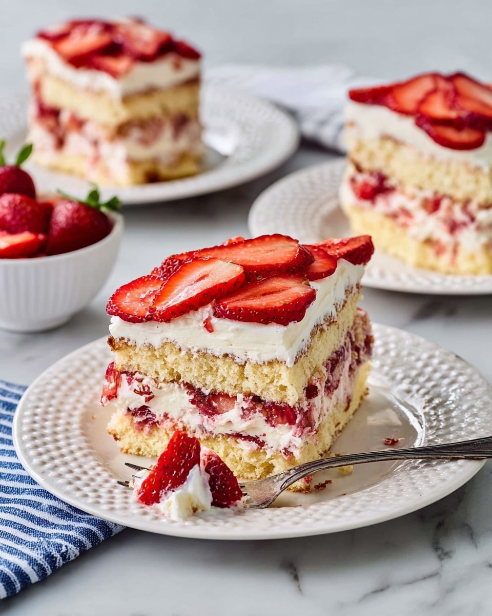 The image shows a slice of strawberry shortcake on a white plate with a raised patterned edge, placed on a white marbled surface. The dessert has three visible layers: the bottom and middle layers are made of light golden sponge cake with a slightly crumbly texture, separated and topped by thick layers of creamy white filling mixed with pieces of red strawberries. The top layer is covered with a thick spread of cream and is decorated with thinly sliced bright red strawberries arranged neatly. A silver fork with some cream and a small piece of strawberry on its prongs lies on the plate next to the cake. In the background, there are two more slices of the same cake on similar white plates and a small white bowl with more sliced strawberries, alongside a blue and white striped cloth. Photo taken with an iphone --ar 4:5 --v 7