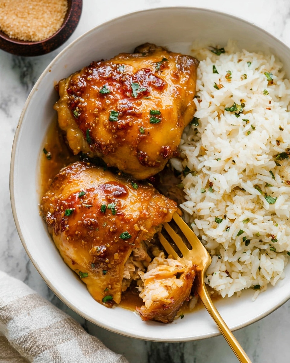 A white bowl contains two pieces of golden-brown glazed chicken thighs with a shiny sauce and small green herb bits sprinkled on top. To the right side of the bowl is a serving of plain white rice with some green herb specks mixed in. A gold fork is resting in the bowl under one chicken piece with a small chunk of chicken on it. The scene is set on a white marbled surface with a small dark bowl of light brown sugar visible in the top left corner. photo taken with an iphone --ar 4:5 --v 7