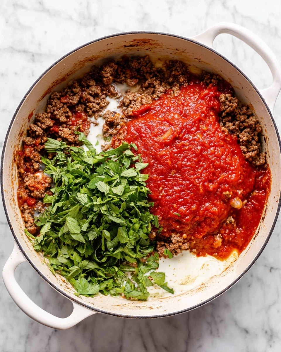Inside a white pot on a white marbled surface, there is a mix of cooked ground meat spread unevenly across the bottom. On top of the meat, a bright red tomato sauce covers about half, with a rough texture and a few small chunks visible. To one side, fresh chopped green leafy herbs are piled in a small heap, adding a vibrant contrast. Around the edges of the meat, creamy white liquid mixes slightly with some oil droplets, giving a shiny appearance. The pot handles are white and visible on both sides. photo taken with an iphone --ar 4:5 --v 7
