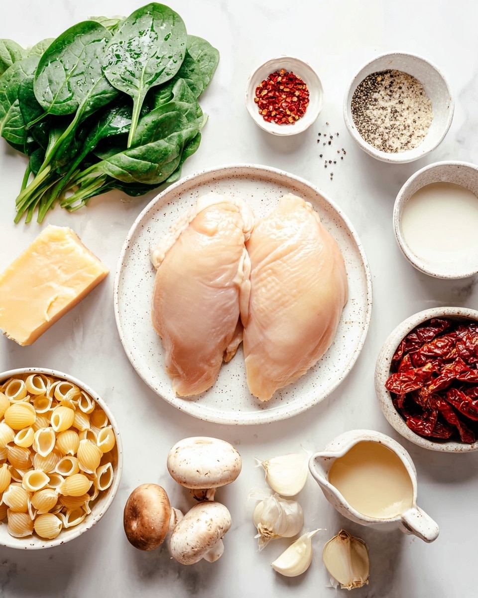The image shows two smooth, raw chicken pieces placed side by side on a white speckled round plate at the center. To the left of the plate, there is a fresh green bunch of spinach leaves with visible water droplets. Below the spinach, a small white bowl contains a block of pale yellow cheese with a rough texture on one side. Below the chicken plate, another white bowl holds uncooked small pasta shells that are light yellow and curved with ridges. To the right of the pasta bowl, a small white bowl with black specks is filled with a white creamy liquid. Next to it, on the far right, a white bowl with a yellow rim is filled with several peeled garlic cloves. In front of the garlic bowl, there is a small white speckled pouring jug filled with a light brown liquid. To the top right of the chicken plate, there are three small white spoons each holding different seasonings: white salt, red chili flakes, and black pepper. To the right of the spoons, four whole brown mushrooms and half of a white onion with a yellow center are placed on the white marbled surface. Below the onion and mushrooms, a rustic bowl is filled with dark red sun-dried tomatoes. The whole setup is laid out on a white marbled texture surface with bright, natural lighting. photo taken with an iphone --ar 4:5 --v 7