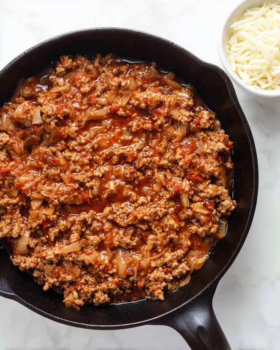 A black cast iron pan filled with cooked ground meat mixed with finely chopped onions and covered in a reddish-brown sauce. The meat mixture has a chunky texture and a glossy finish from the sauce, spreading evenly throughout the pan. To the lower right, a small white bowl contains shredded white cheese. The pan and bowl are placed on a white marbled surface. photo taken with an iphone --ar 4:5 --v 7