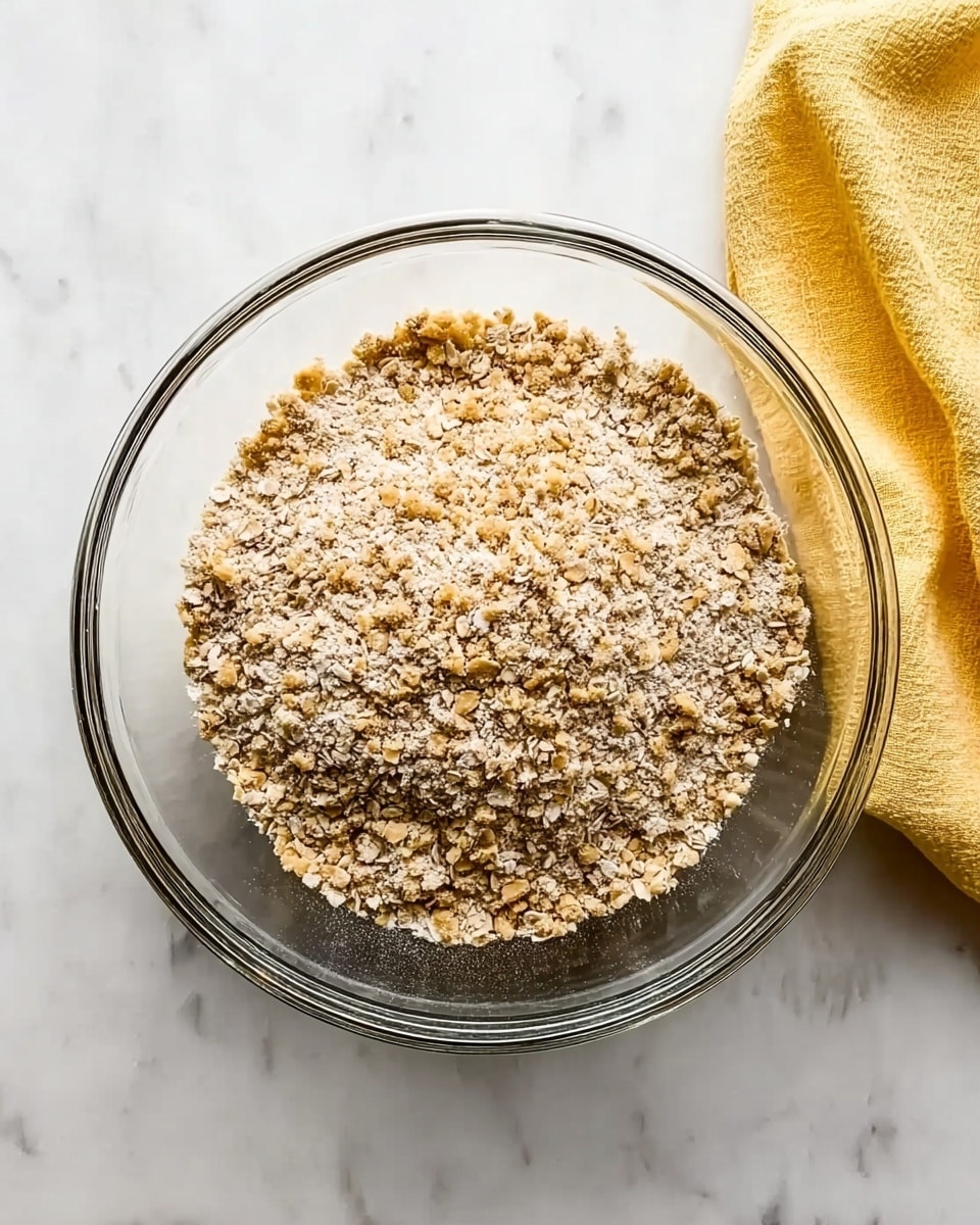 A clear glass bowl filled with a dry mixture of oats and small crumbly pieces, giving a rough texture. The bowl sits on a white marbled surface, and in the top right corner, there is a soft yellow cloth partially visible. The colors are neutral and light, with the oat mixture showing shades of light brown and beige. Photo taken with an iphone --ar 4:5 --v 7