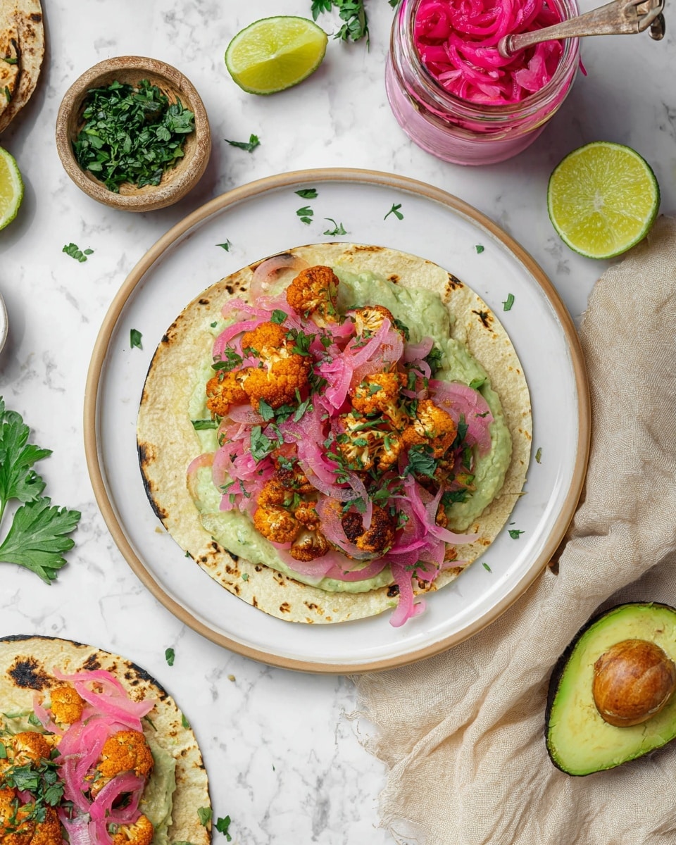 The image shows a white plate with a layered taco placed on a white marbled surface. The taco has a soft, slightly browned tortilla base, layered with a creamy green spread, followed by several pieces of roasted orange cauliflower and topped with bright pink pickled onions and chopped green herbs scattered on top. Around the plate, there is a lime wedge, a small bowl of chopped green herbs, fresh parsley leaves, a beige cloth, two avocado halves showing green flesh with brown seeds, and a jar of pink pickled onions with a spoon inside. Photo taken with an iphone --ar 4:5 --v 7