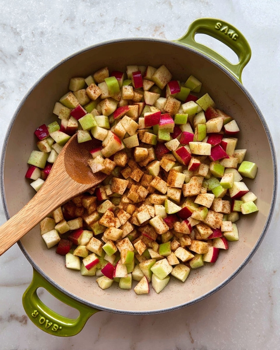 A large gray pan with green handles holds a mix of small, chopped apple pieces in red, green, and cream colors, all lightly coated with brown cinnamon spice. A wooden spoon rests inside the pan, partly covered by the apple cubes. The pan sits on a white marbled surface, with the apples spread out unevenly across the pan's bottom. Photo taken with an iphone --ar 4:5 --v 7