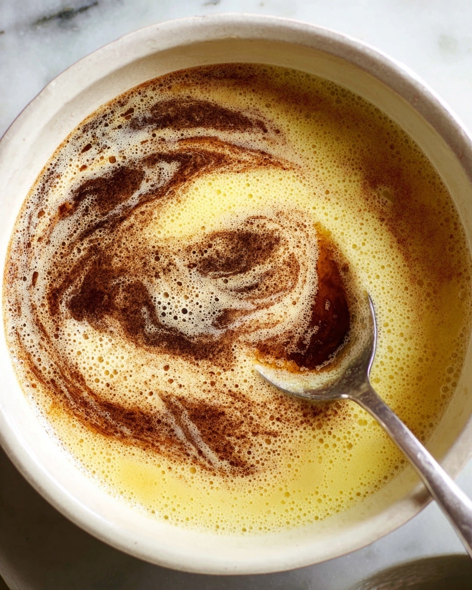 A close-up view of a white pot with a light foamy yellow layer of melted butter covering the base. On top, there is a dark brown swirled pattern formed by browned bits mixing with the butter. A silver spoon lies horizontally near the center, partially dipped in the liquid, showing the rich brown color on its surface. The background features a white marbled texture. photo taken with an iphone --ar 4:5 --v 7