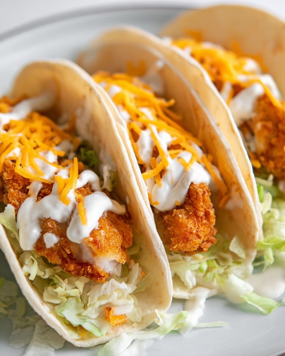 Three soft white tortillas are each filled with a piece of golden brown crispy fried chicken, topped with finely shredded orange cheddar cheese, and a drizzle of white creamy sauce. Under the chicken, there is a layer of light green shredded lettuce that adds freshness and a bit of crunch. The tacos are placed close together on a white plate with a white marbled texture surface visible beneath. The front taco shows the inside of the chicken with white meat visible. photo taken with an iphone --ar 4:5 --v 7