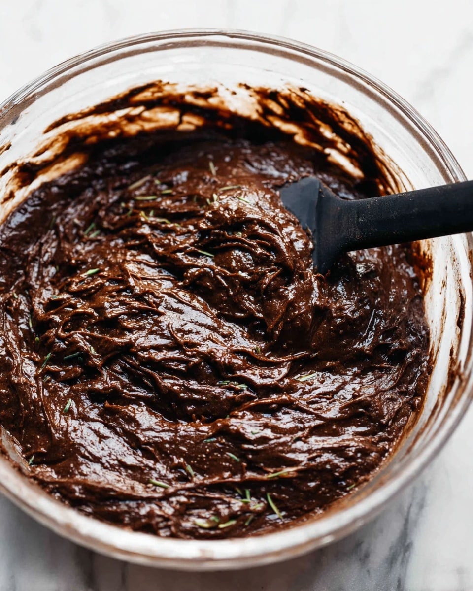 A glass bowl filled with thick, dark brown chocolate batter mixed with shredded light green zucchini strands. The batter has a rich, wet, and slightly chunky texture. A black spatula is partially immersed in the lower right of the bowl, blending the ingredients. The bowl is resting on a white marbled surface. photo taken with an iphone --ar 4:5 --v 7