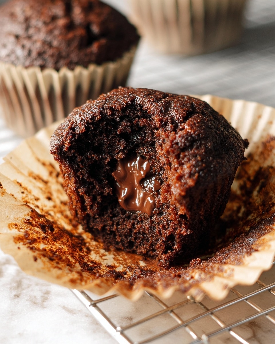 A close-up of a chocolate muffin with one side opened to show a rich, melting chocolate layer inside, surrounded by the dark brown, moist crumb of the muffin. The muffin rests on a peeled-back, light brown paper liner with darker brown spots from baking, placed on a silver wire rack with a white marbled surface below. In the background, slightly out of focus, another whole chocolate muffin is visible. Photo taken with an iphone --ar 4:5 --v 7
