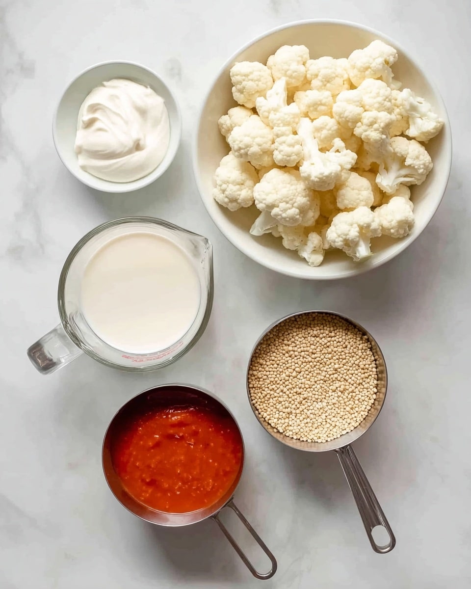 Five containers with ingredients sit on a white marbled surface. At the top right, a white bowl holds many light cream cauliflower florets with a soft texture. To its left, a smaller white bowl contains a dollop of thick white cream. Below these, a clear glass measuring cup filled with a creamy white liquid is on the left. To its right, a metal measuring cup of bright orange-red sauce has a smooth surface. Next to it, another metal measuring cup is full of small round beige grains, with a rough, dry texture. photo taken with an iphone --ar 4:5 --v 7
