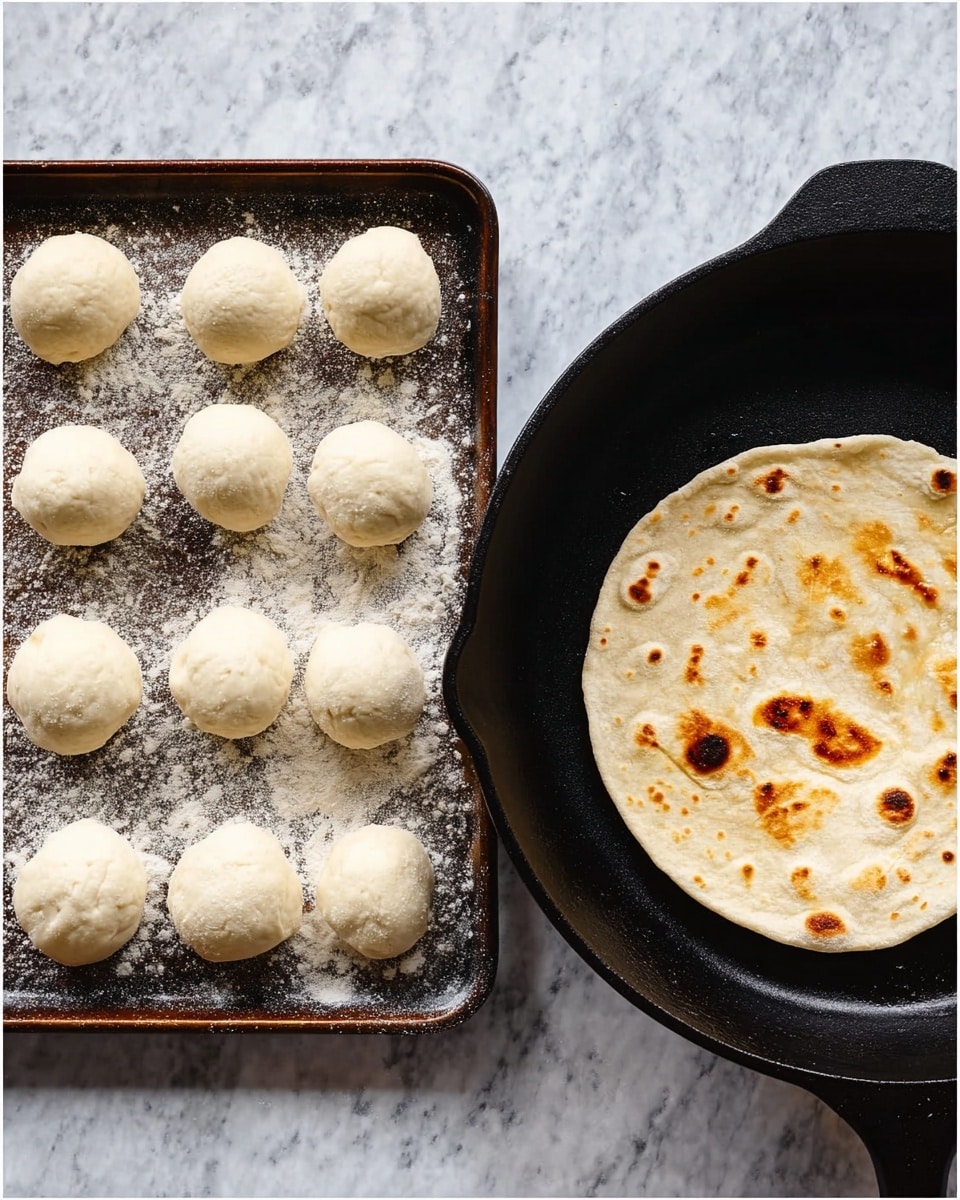 The image shows two parts: on the left, there are fifteen small dough balls arranged in three rows of five on a white marbled surface sprinkled with flour; on the right, a single lightly browned round flatbread with golden spots lies flat inside a black cast iron skillet which is set on the same white marbled surface. Photo taken with an iphone --ar 4:5 --v 7