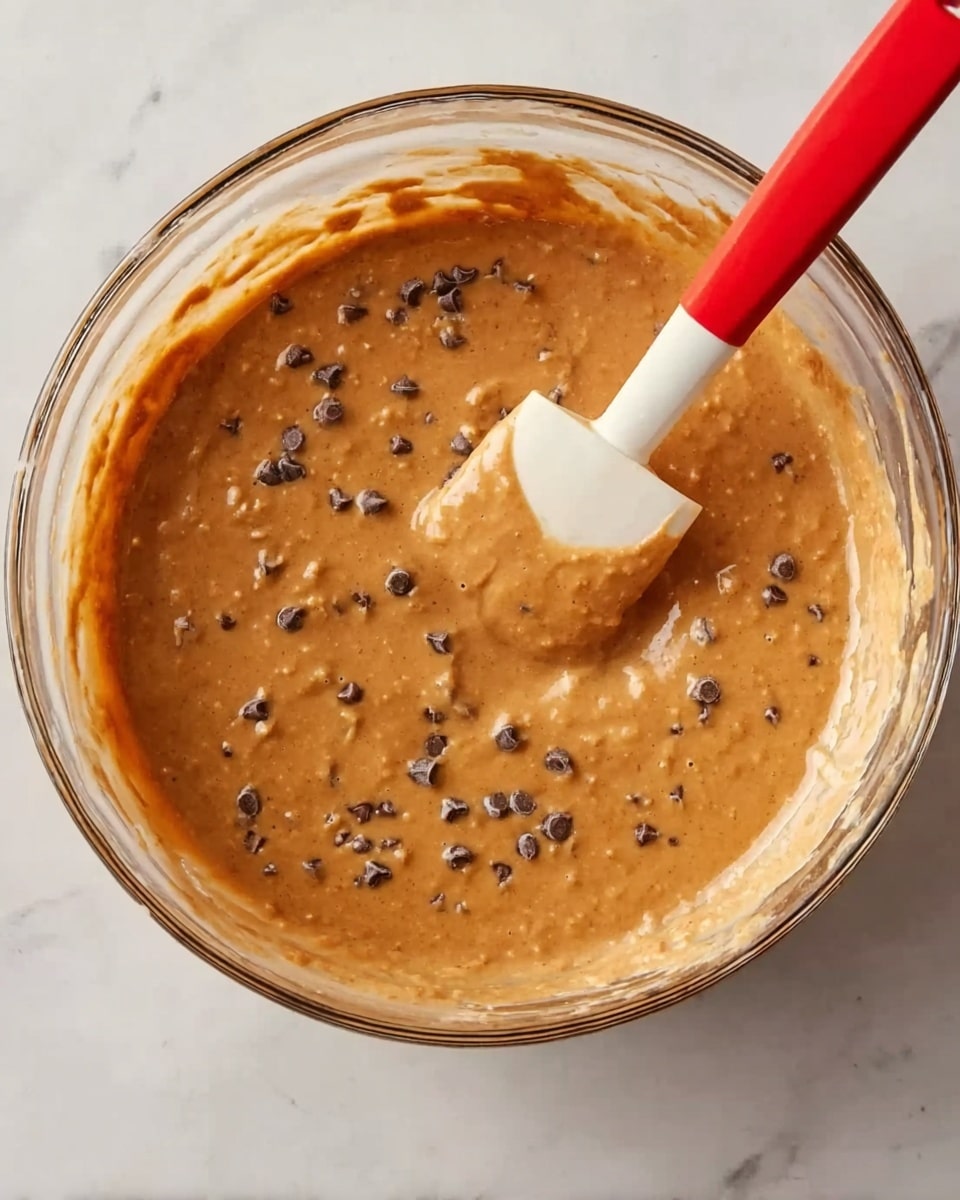 A clear glass bowl filled with smooth brown batter speckled with small dark chocolate chips throughout; a red spatula with a white handle is resting inside the bowl, partially dipped in the batter on the right side. The bowl is placed on a white marbled surface. Photo taken with an iphone --ar 4:5 --v 7