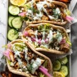 Lemony Greek Chicken Pitas with Oven Roasted Fries & Tzatziki-ish Herbed Yogurt Drizzle Recipe