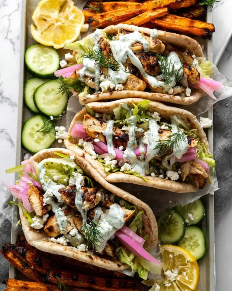 Lemony Greek Chicken Pitas with Oven Roasted Fries & Tzatziki-ish Herbed Yogurt Drizzle Recipe