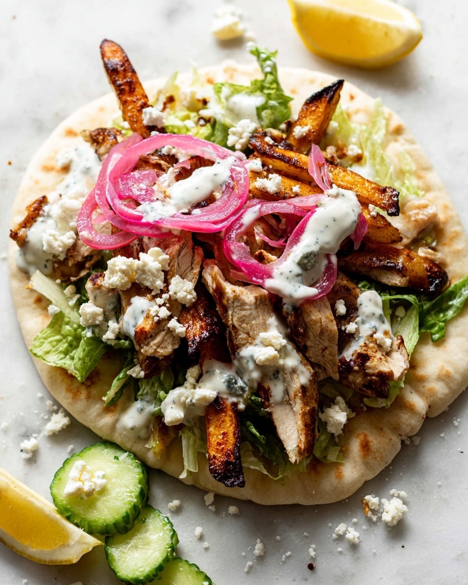 A white pita bread is laid flat and topped with shredded green lettuce at the bottom, followed by thick, grilled slices of white meat with a golden brown and slightly charred texture. On top of the meat, there are golden, crispy potato wedges and thin rings of bright pink pickled onions. The sandwich is drizzled with a white, creamy sauce and sprinkled with small white crumbles of cheese. Around the pita, there are a few slices of fresh green cucumber with some sauce on them and a wedge of lemon. The scene is set on a white marbled surface. photo taken with an iphone --ar 4:5 --v 7