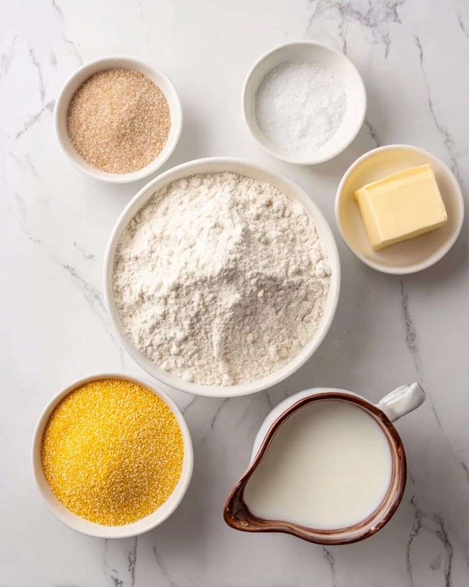 A top-down view of six white bowls and a jug arranged on a white marbled surface. The largest white bowl in the center is filled with a heap of light flour, soft and powdery in texture. Surrounding it are smaller white bowls each holding different ingredients: to the top left, a bowl with coarse light brown sugar grains; to the top right, a bowl with a small square of pale yellow butter; to the bottom left, a bowl with fine white salt; to the bottom left next to the salt, a bowl filled with bright yellow cornmeal that looks slightly grainy. In front at the bottom is a small brown and white jug filled with smooth white milk. The image shows these simple baking items clearly laid out on the marble background. Photo taken with an iphone --ar 4:5 --v 7