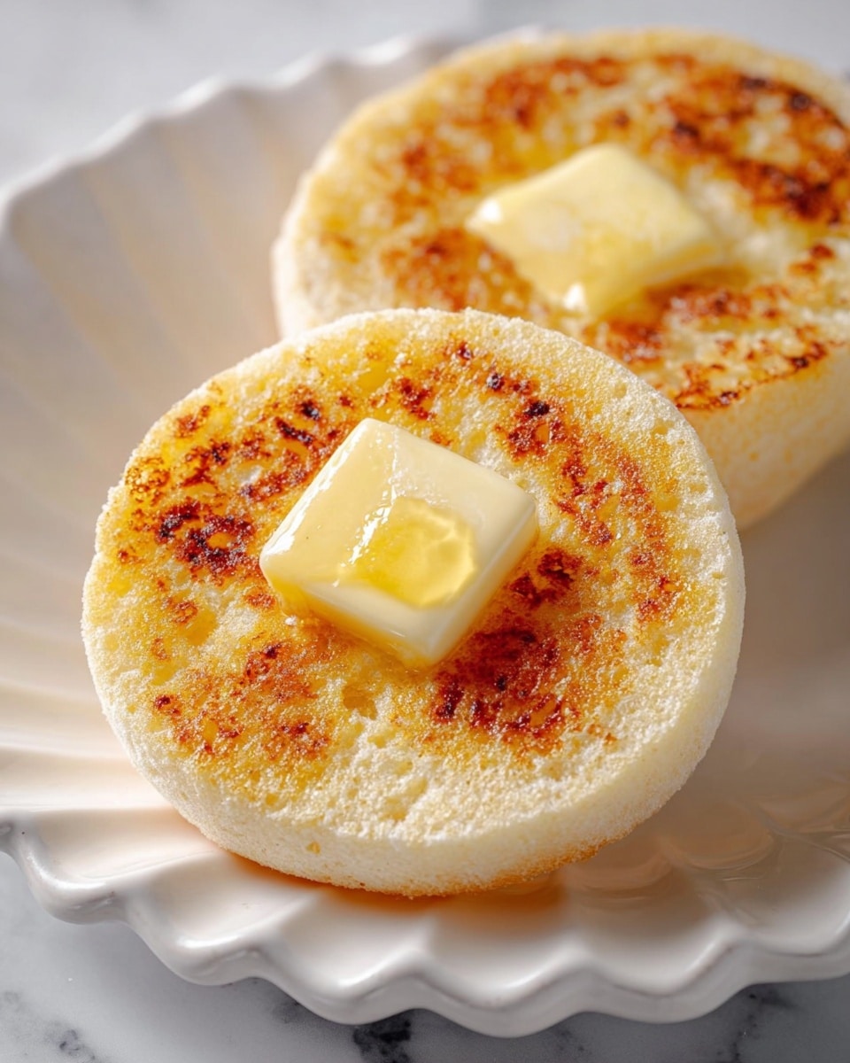 The image shows two halves of an English muffin placed on a white scalloped plate with a white marbled surface underneath. Each muffin half has a golden-brown toasted top with a slightly crispy texture. The muffin in the foreground has a small square pat of melting butter in the center, adding a shiny, creamy layer. The second muffin half, in the background, has a small melted butter spot but no visible pat. The muffins are slightly thick and soft-looking, with a light, airy crumb. Photo taken with an iphone --ar 4:5 --v 7
