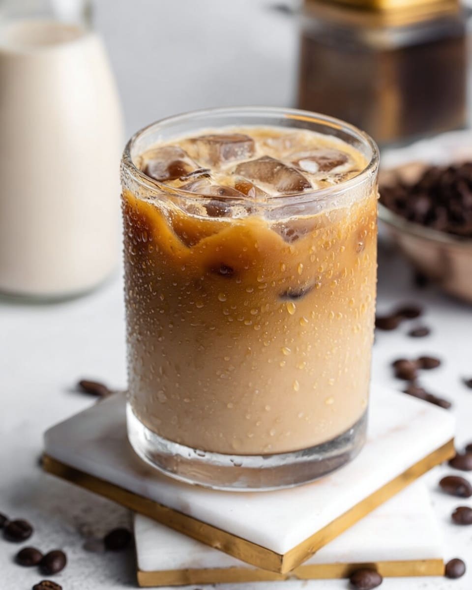A clear glass filled with iced coffee that has three visible layers: the bottom layer is a light creamy tan, the middle layer is a slightly darker coffee tan with a smooth texture, and the top layer has a frothy light cream mixed with ice cubes that create a bubbly appearance. The glass has small droplets of condensation on its surface. It sits on a white coaster placed over two stacked white marble slabs with gold edges. Around the glass are scattered coffee beans on a white marbled surface. In the background, there is a blurred white glass with a creamy drink and a coffee grinder. photo taken with an iphone --ar 4:5 --v 7