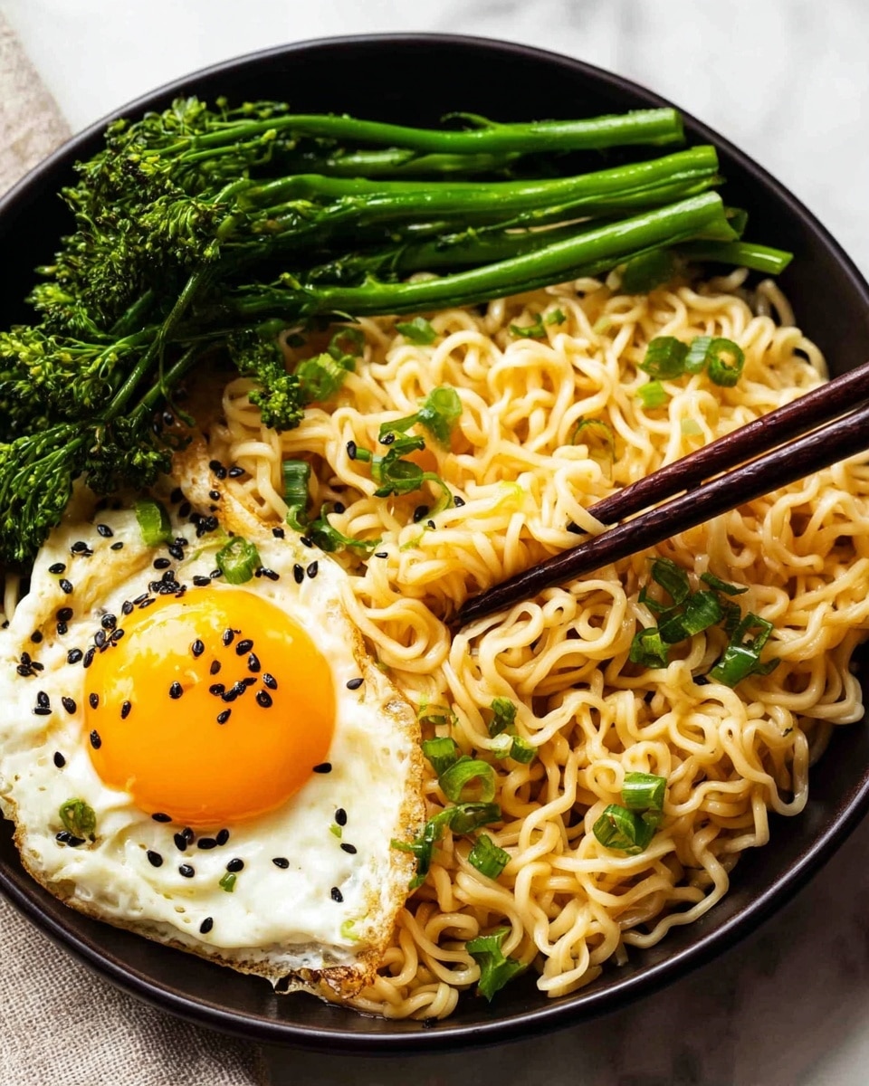 A black bowl filled with light yellow cooked noodles mixed with small green pieces of chopped scallions sits on a white marbled surface. On the left side of the bowl, there is a fried egg with a bright runny yellow yolk and a white edge sprinkled with black sesame seeds. At the top of the bowl, several long green vegetables like broccolini and green beans add a fresh, vibrant green color. A pair of dark brown chopsticks picks up some noodles on the right side of the bowl. Photo taken with an iphone --ar 4:5 --v 7