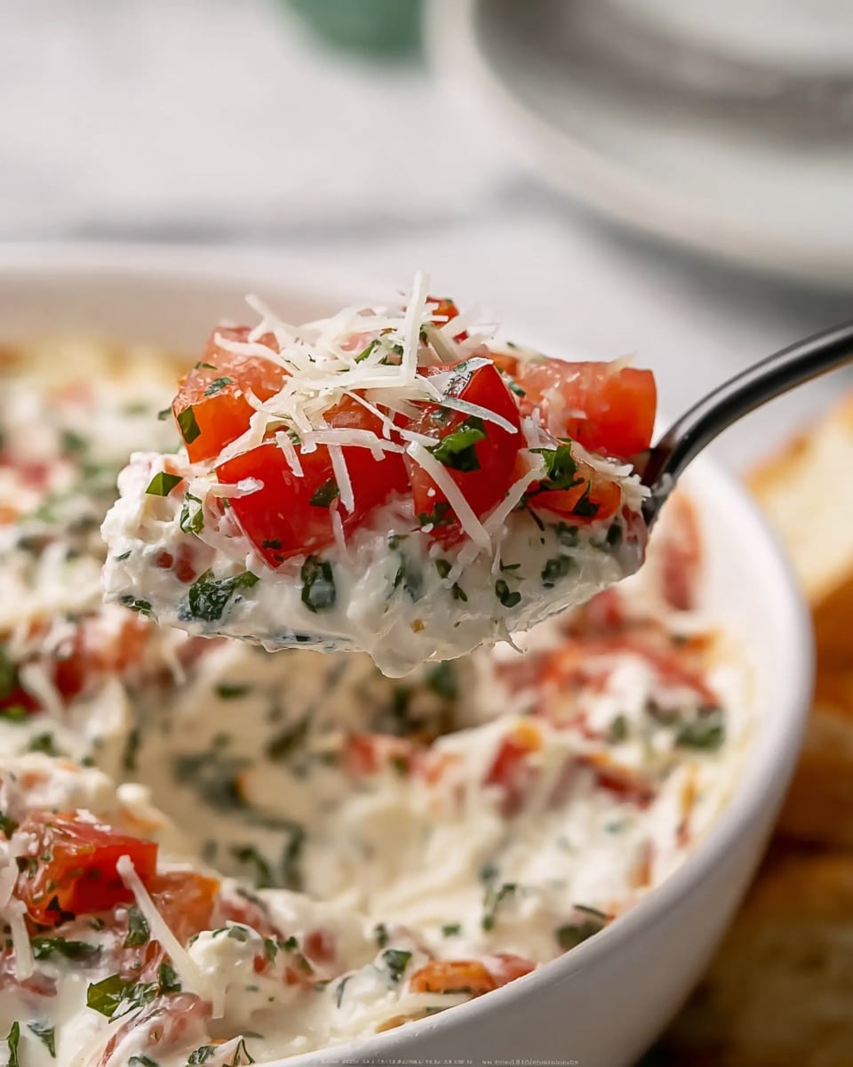 A close-up view of a black spoon filled with a creamy white mixture topped with small red tomato cubes and finely chopped green herbs, sprinkled with thin white shredded cheese, all held above a white bowl that contains the same textured creamy base mixed with more tomato pieces and green herbs. The background is a white marbled texture with a part of a white plate and some beige bread on the right side showing, photo taken with an iphone --ar 4:5 --v 7