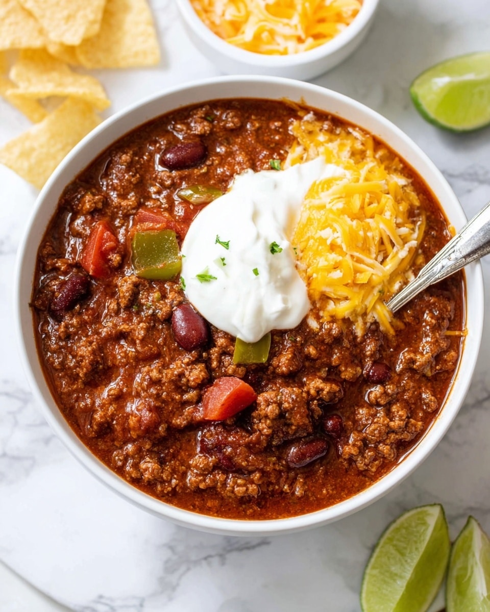 A white bowl filled with thick chili containing rich brown ground meat, dark red kidney beans, bright red tomato chunks, and small pieces of green pepper, topped on one side with a smooth white dollop of sour cream and melted yellow cheddar cheese that blends slightly into the chili. A silver spoon rests inside the bowl on the right side. The bowl is placed on a white marbled surface with a small bowl of shredded cheese and some yellow chips in the blurred background on the upper right, and two wedges of lime on the lower right. Photo taken with an iphone --ar 4:5 --v 7