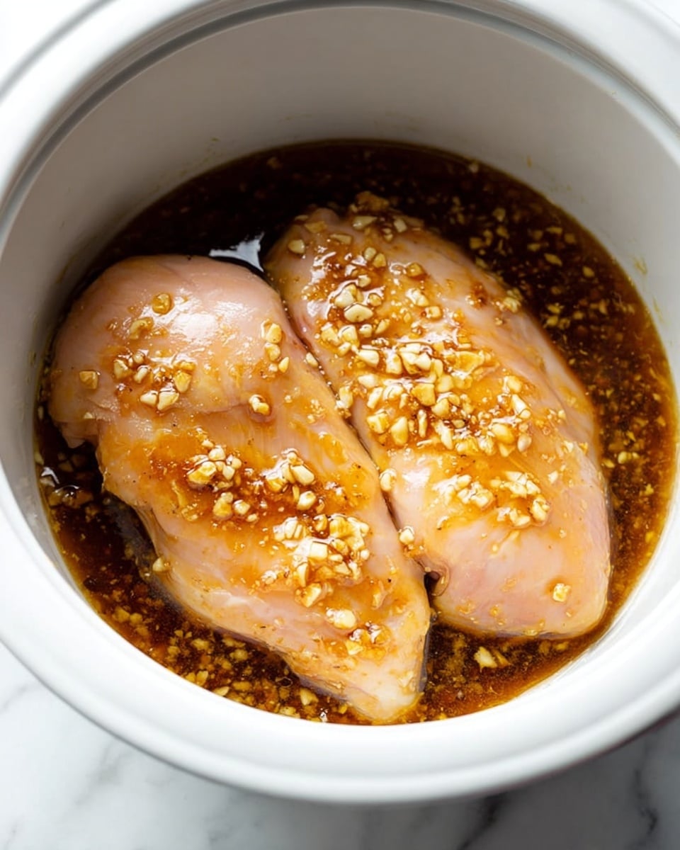 In a white round pot, two raw light pink chicken breasts sit side by side, covered with a shiny orange-brown sauce that has small pieces of minced garlic evenly spread on top. The sauce pools slightly around the chicken, creating a glossy, wet texture that contrasts with the smooth surface of the meat. The pot rests on a white marbled surface, adding a clean and bright background to the close-up image. photo taken with an iphone --ar 4:5 --v 7