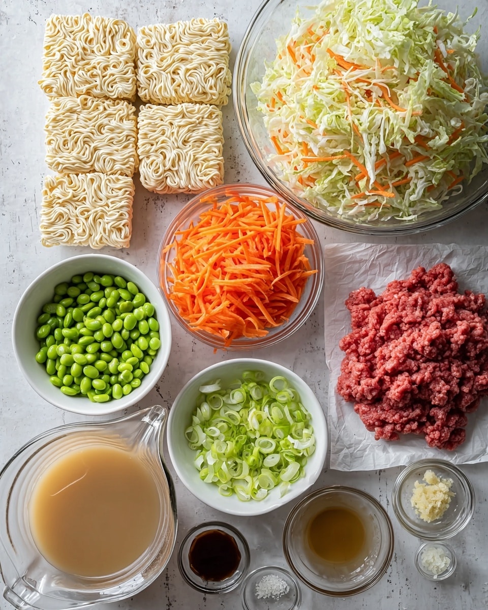 The image shows many ingredients neatly placed on a white marbled surface. There is a large clear bowl filled with shredded cabbage and carrot pieces at the top right. Next to it, on the left, are three blocks of uncooked instant noodles stacked slightly overlapping each other. Below the noodles, there is a clear bowl filled with julienned bright orange carrots. A white bowl with green edamame beans sits beneath the cabbage bowl. To the right of the edamame are two smaller white bowls filled with thinly sliced green onions, one with diagonally sliced and one with round slices. At the bottom right, there is a pile of raw ground beef on white parchment paper. Small glass and white bowls containing various liquids and minced ingredients such as garlic and ginger are spread around the main ingredients. A clear pitcher filled with light brown broth is positioned at the bottom center. The photo taken with an iphone --ar 4:5 --v 7