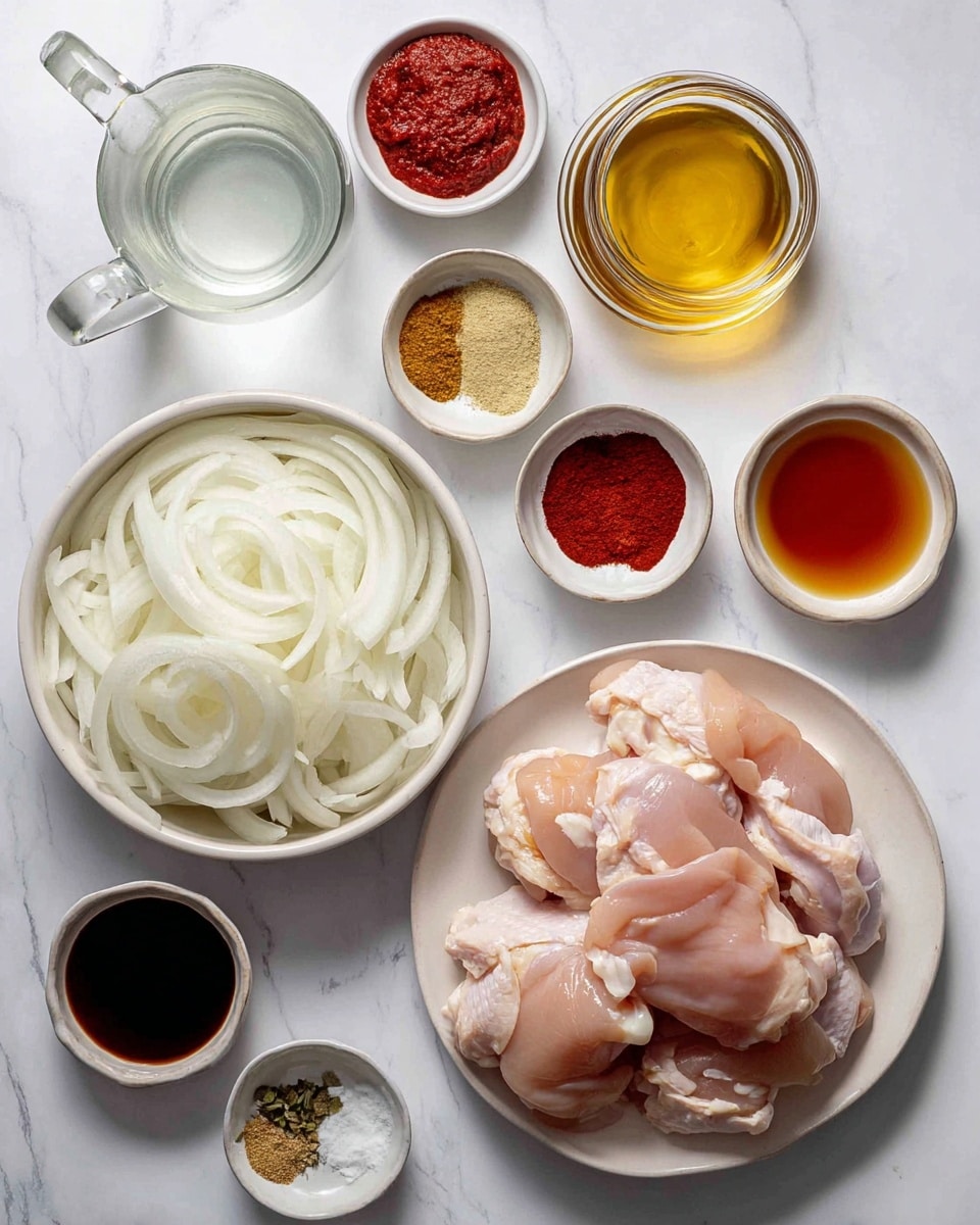 The image shows a white round plate filled with raw chicken thighs, pale pink with some white fat, placed at the bottom right. To the left of it is a smaller white bowl filled with thin, white, curly slices of onion that form a fluffy pile. Surrounding these main plates are seven small round bowls each holding different ingredients: bright red smooth paste, clear water in a glass jug, light yellow mustard, dark brown soy sauce, a mix of colorful spices including red, white, green, and brown, golden brown sugar, and amber honey. All these are arranged neatly on a white marbled background. Photo taken with an iphone --ar 4:5 --v 7