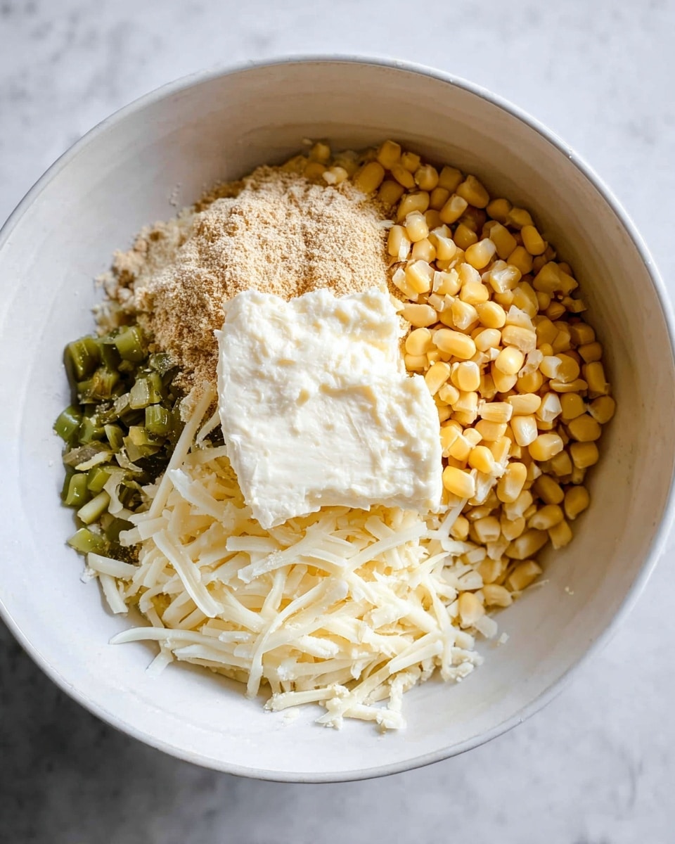 In a white bowl on a white marbled surface, there are four main layers arranged side by side. At the top right, small yellow corn kernels form one distinct section. To the left of the corn, there is a rougher light brown powder sprinkled over a block of white creamy cheese placed at the center. Below the cheese and powder, there is a pile of white shredded cheese spreading toward the bottom left and right edges of the bowl. Finally, at the far left, small diced green pieces complete the layered arrangement. Photo taken with an iphone --ar 4:5 --v 7