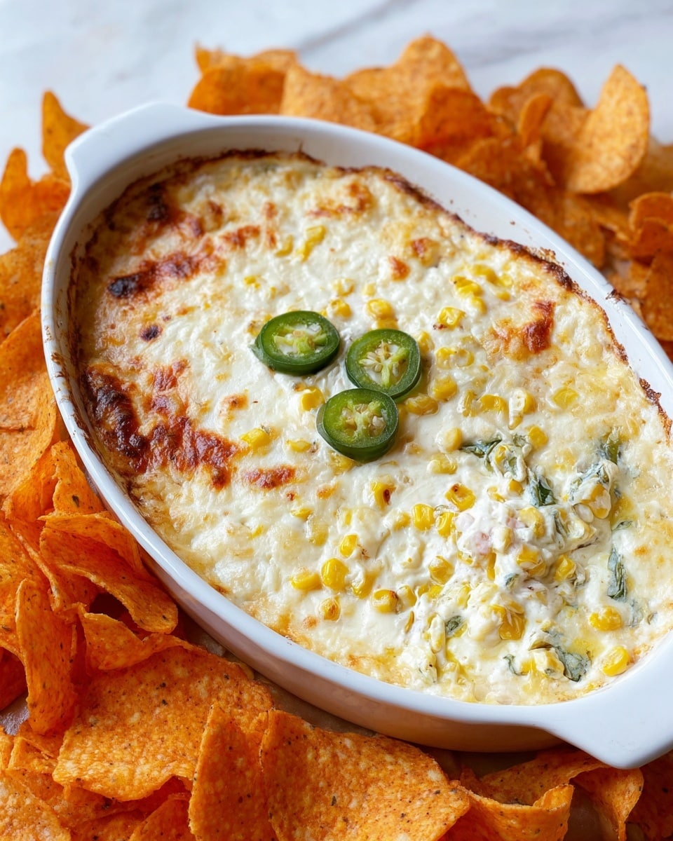 A white oval dish filled with a creamy mixture of melted white cheese and yellow corn kernels, with a slightly browned and bubbly top layer showing spots of light golden brown. Green jalapeno slices are scattered inside, with three placed on the center. The dish is surrounded by a pile of light orange, curved chips with a rough texture. The background shows a white marbled surface underneath the dish and chips. photo taken with an iphone --ar 4:5 --v 7