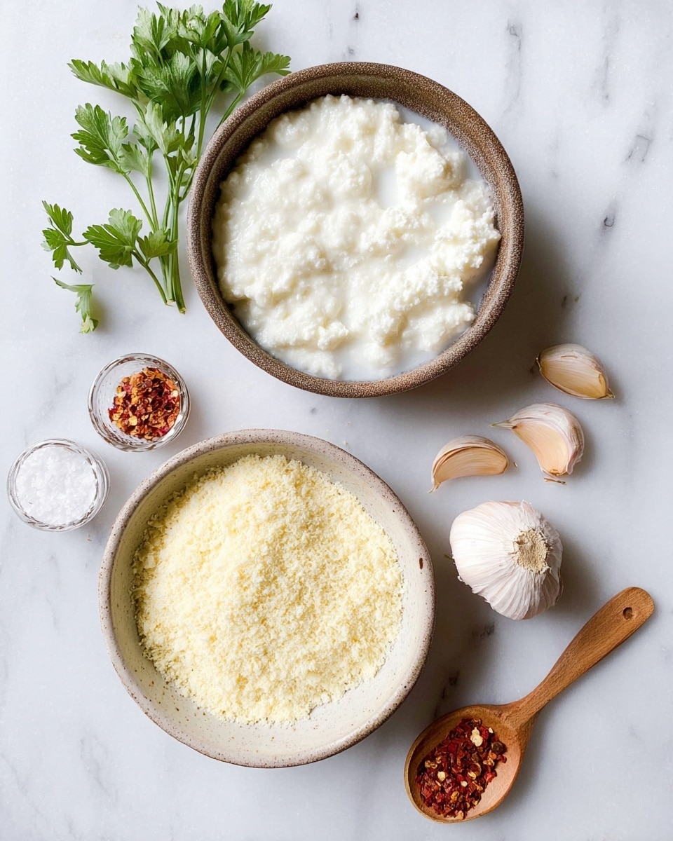 The image shows two bowls on a white marbled surface. The upper bowl contains a white, lumpy substance that looks creamy and soft. Below it is a bowl filled with light yellow finely grated powder, looking dry and fluffy. To the right of the bowls are three cloves of garlic, a wooden spoon holding red chili flakes, and salt and pepper shakers. A sprig of green parsley is placed on the upper left side of the image. photo taken with an iphone --ar 4:5 --v 7