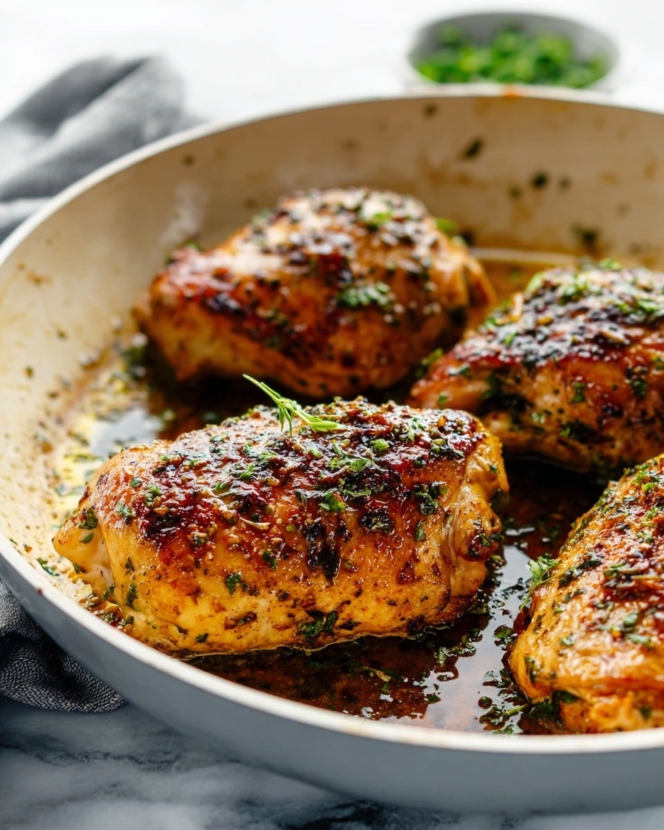 The image shows a close-up view of three cooked chicken pieces in a white frying pan. Each piece is golden brown with a slightly crispy texture, speckled with green herbs and seasoning, and is glistening with oil in the pan. The chicken pieces are arranged closely together, filling most of the pan, which rests on a white marbled surface. In the blurred background, there is a hint of a small dish with green garnish. The overall look is warm and inviting, showing a well-seasoned and sizzling dish. photo taken with an iphone --ar 4:5 --v 7