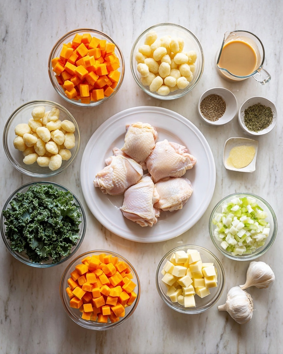 A flat lay image shows various ingredients arranged neatly on a white marbled surface. In the center, there's a white plate with four pieces of raw chicken thighs, light pink in color and smooth texture. Surrounding it are clear glass bowls containing diced orange carrots, gnocchi that are small and cream-colored, chopped green kale leaves with a rough texture, diced light green celery, diced orange butternut squash, and chopped white onions. Other small white bowls hold yellow butter cubes, dried herbs, a dark brown spice powder, and light grated cheese. A clear glass measuring cup contains light brown chicken broth, while another clear glass container holds white milk. A few garlic cloves are placed near the bottom right. The lighting is soft and natural, highlighting the colors and textures clearly. photo taken with an iphone --ar 4:5 --v 7