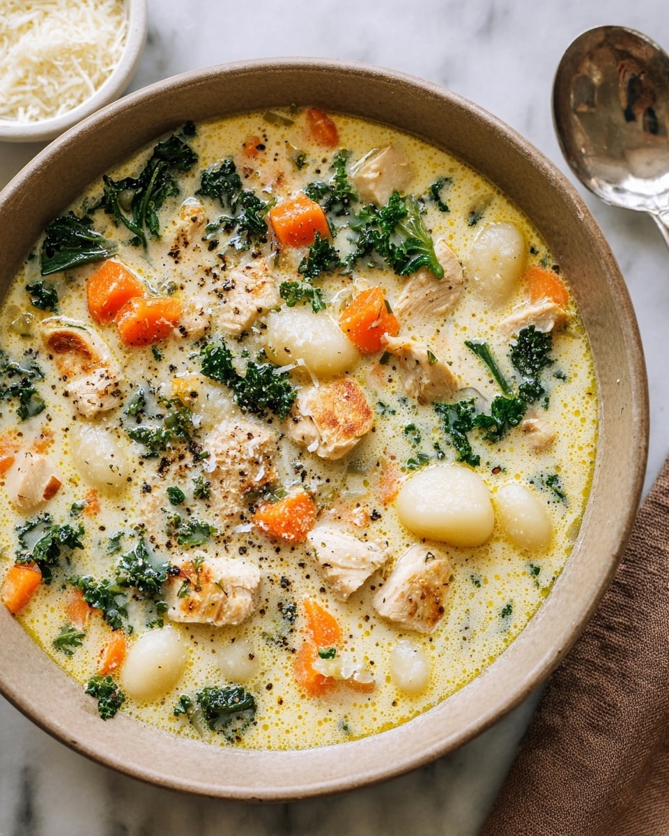 A beige bowl filled with a creamy soup showing three main layers: the top layer with small pieces of green kale and orange carrot cubes scattered throughout, the middle layer with white gnocchi and chunks of light brown chicken, and the base layer with a pale yellow creamy broth that has a smooth, slightly frothy texture. The soup has a light sprinkle of black pepper and grated cheese on top. The bowl sits on a white marbled surface with a small white bowl of grated cheese in the background and a silver spoon with a brown napkin to the side. Photo taken with an iphone --ar 4:5 --v 7