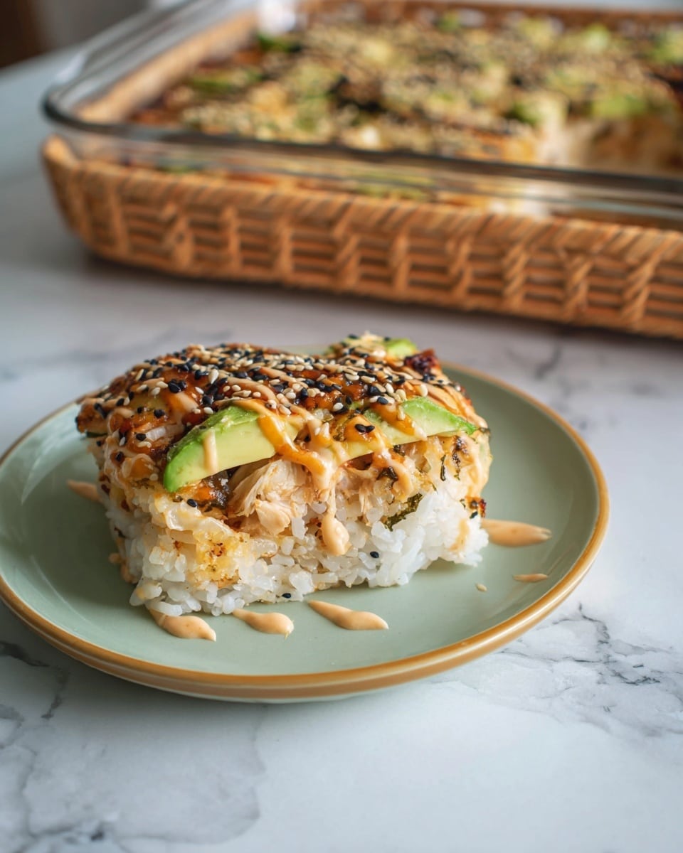 A square piece of sushi bake sits on a pale green plate with a thin gold rim, placed on a white marbled surface. The sushi bake has three main layers: a bottom layer of sticky white rice, a middle layer of golden and slightly charred cooked fish mixed with seaweed flakes, and a top layer of creamy orange sauce drizzled over sliced green avocado. Light sesame seeds are sprinkled on top, adding texture and small white dots. In the background, a rectangular glass baking dish with a woven rattan outer covering holds the remaining sushi bake, with more creamy sauce and avocado visible on top. Photo taken with an iphone --ar 4:5 --v 7
