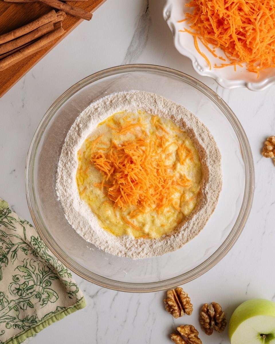 A clear glass bowl sits on a white marbled surface, containing two layers of ingredients. The bottom layer is light brown dry flour forming a ring around the bowl’s edge, while the top layer in the center is a wet mixture with visible bright orange shredded carrot pieces in a pale yellow batter. To the top right of the bowl, there is a white dish with a scalloped edge filled with shredded carrot, some walnuts, cinnamon sticks, and a half green apple placed on the white marbled surface. A patterned cloth with green designs is partially visible in the bottom left corner. photo taken with an iphone --ar 4:5 --v 7