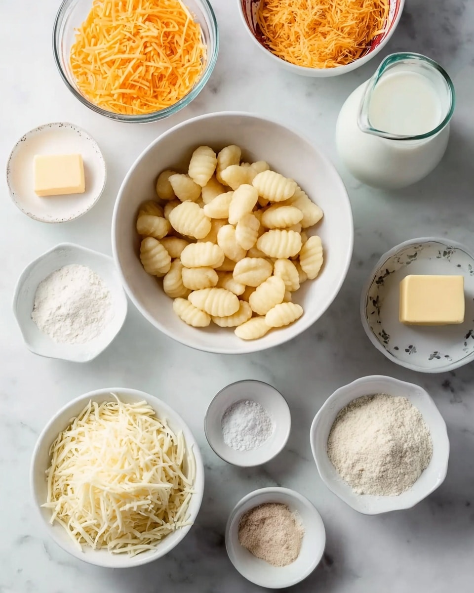 The image shows a top view of various white bowls and small dishes arranged on a white marbled surface. In a larger white bowl in the top left, there is grated orange cheese, while a large white bowl in the center holds uncooked gnocchi that look soft and pillowy with a light pale yellow color. To the right of the gnocchi bowl, there is another white bowl filled with grated pale yellow cheese. Below that, a medium white bowl contains shredded mozzarella cheese, which is white and stringy. Near the top right edge, there is a glass jug filled with white milk. Around these main bowls, there are smaller white dishes and bowls: one has a square piece of butter, one has white flour, one contains a pale yellow powder, another one some light brown powder, and one small bowl is filled with white salt crystals. A woman's hand is not shown but the arrangement is neat and clear. The entire setup is bright, clean, and well organized. photo taken with an iphone --ar 4:5 --v 7